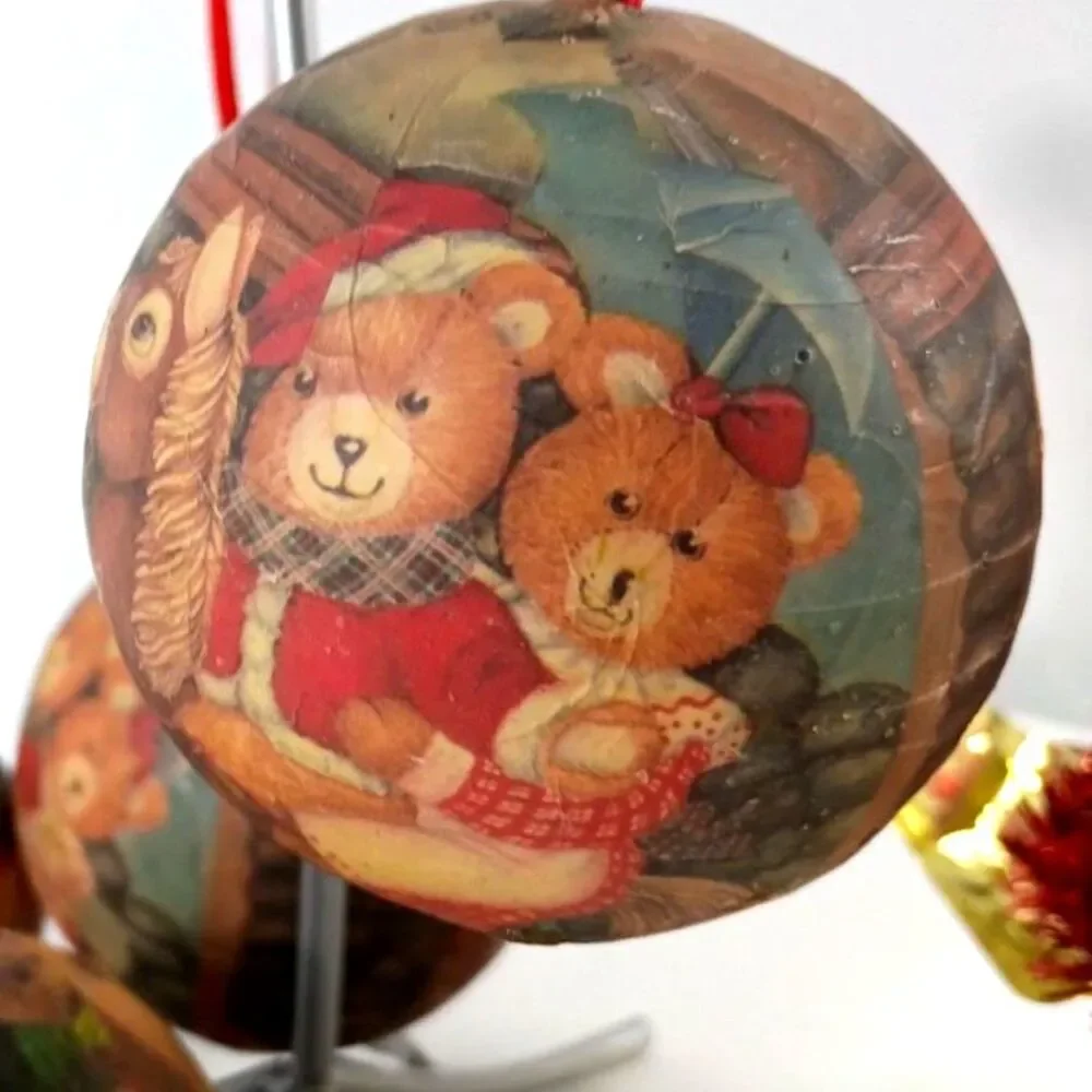 Vintage Plush Teddy Bear Christmas Ball Ornaments Set of 4